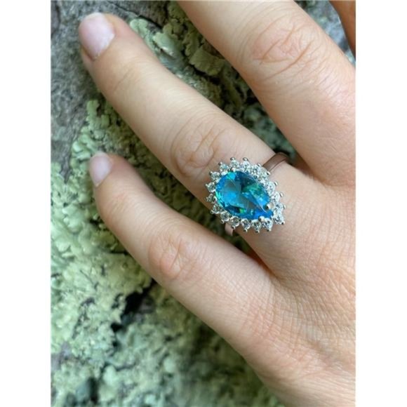Solid 925 Sterling Silver Pear Shaped Blue Aquamarine CZ Cocktail Ring - Picture 2 of 7